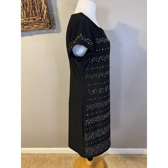 WHBM Dress M Stretch Black Gold Silver Studded Short Sleeve Washable - Picture 6 of 10